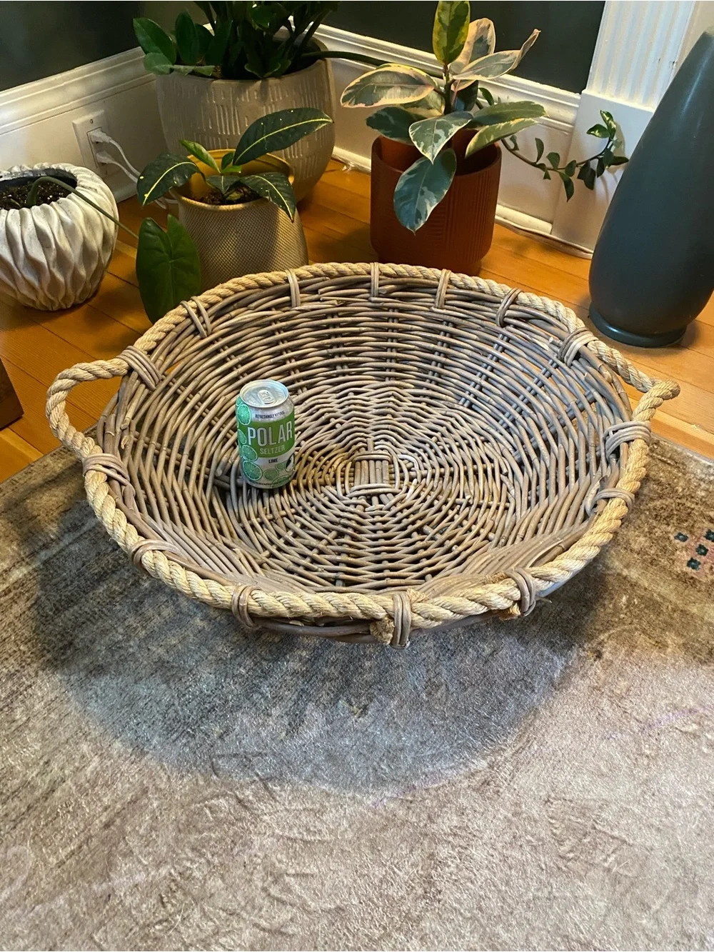HUGE Vintage Gray Wash Round Wicker Basket Rope Handles Farmhouse Coastal Decor